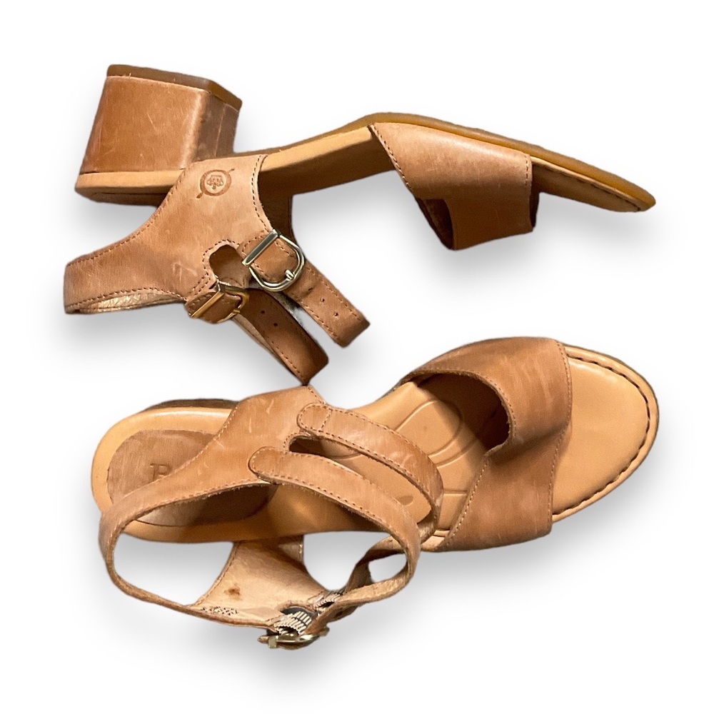 Born Veg Tan Leather Double Buckle Open Toe Block Heel Sandal 7
